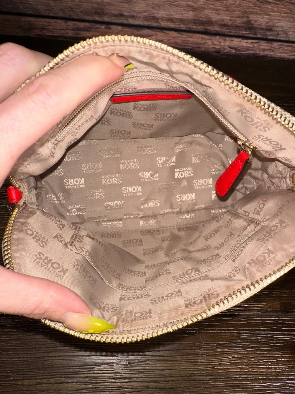 Michael Kors Cindy Beige MK Monogram Crossbody with Bright Red Strap